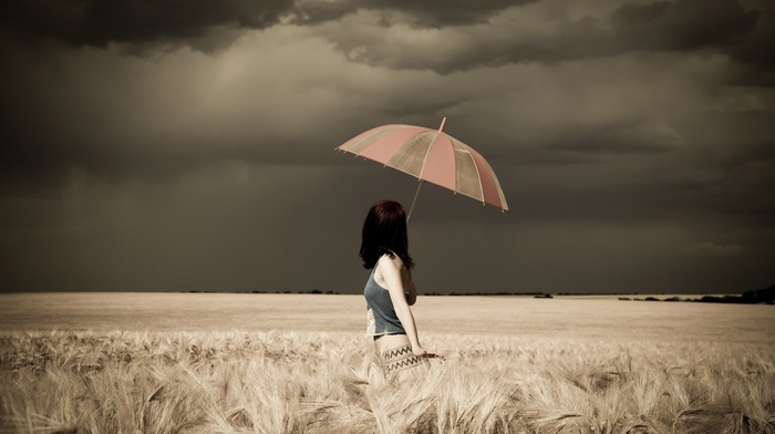 clouds, storm, girl outdoors, umbrella, girl, brunette