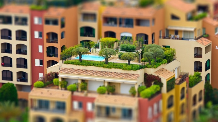 house, arch, rooftops, swimming pool, town, colorful, window, trees, architecture, tilt shift