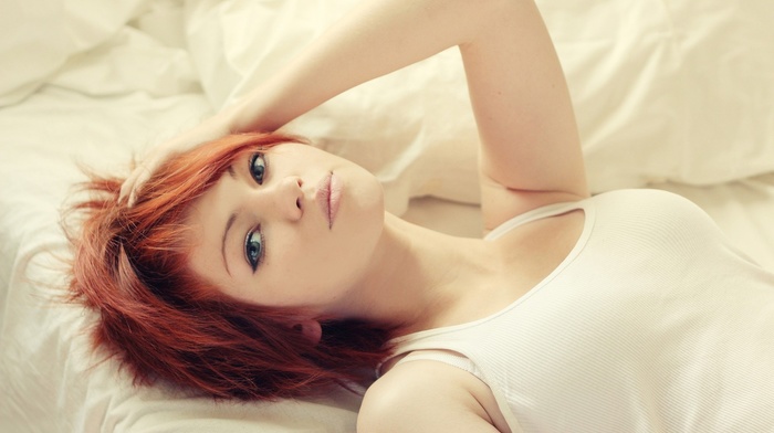 tank top, Vladlena Venskaya, in bed, hands in hair, lying on back, redhead, looking at viewer, model, blue eyes, long hair, girl
