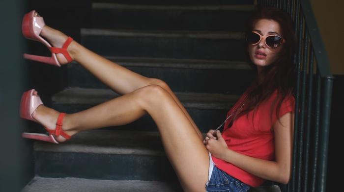 ladders, sitting, girl, jean shorts, high heels, ass, juicy lips, open mouth, girl with glasses