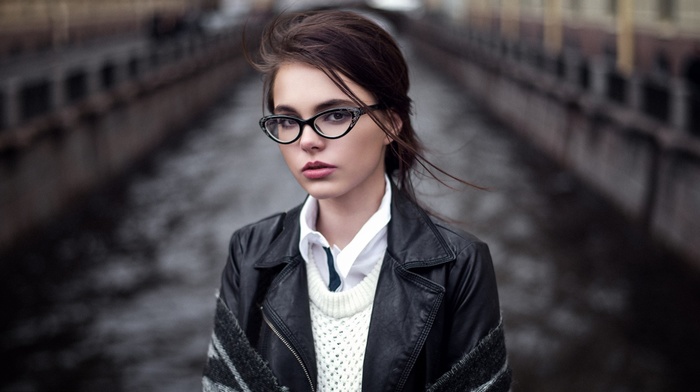 Oktyabrina Maximova, girl, looking at viewer, depth of field, girl with glasses, brunette