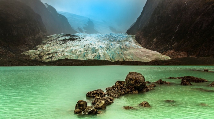 nature, lake, mountain, Chile, green, landscape, cold, mist, glaciers, water