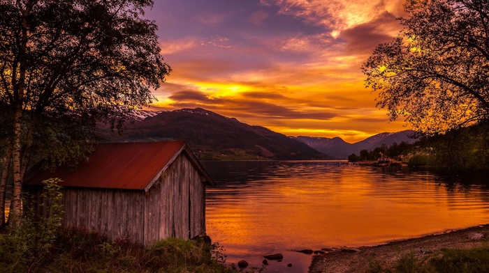 sunset, mountain, trees, water, shrubs, boathouses, clouds, gold, Norway, lake, sky, nature, landscape
