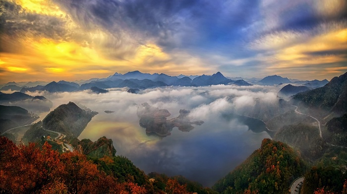 clouds, sunrise, forest, lake, road, mountain, mist, water, morning, sky, landscape, South Korea, fall, nature