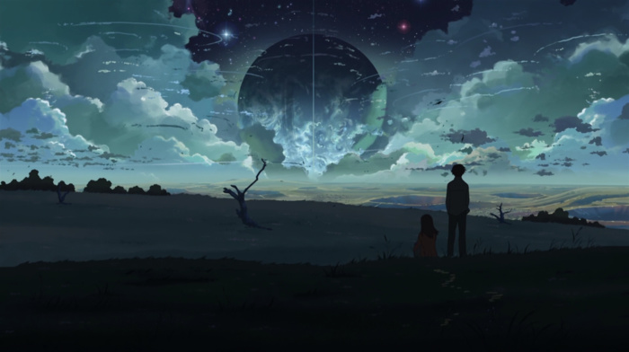 clouds, field, night, anime, 5 Centimeters Per Second, surreal