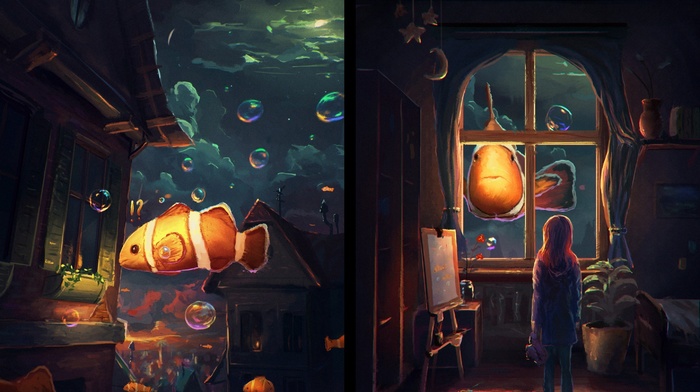 fantasy art, Sylar, night, fish, artwork, window, clownfish, bubbles