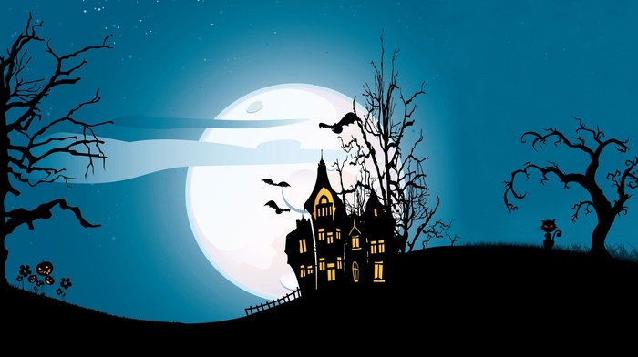 moon, cat, house, Halloween, digital art, trees, pumpkin, bats