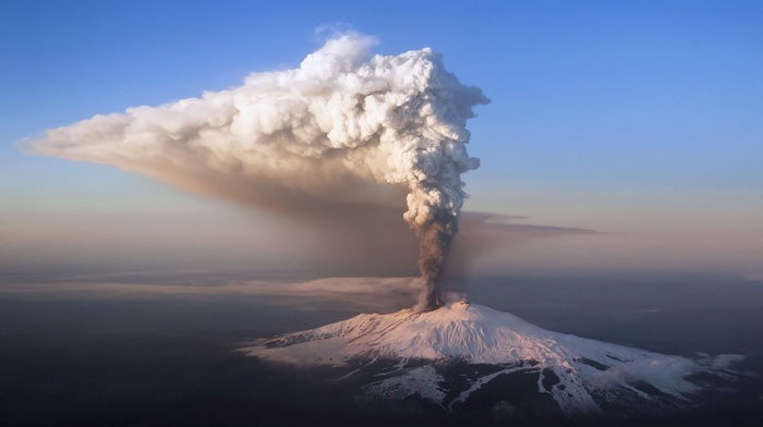 forest, snowy peak, fire, clouds, aerial view, mountain, Italy, Sicily, lava, volcano, smoke, nature, sky, eruption, Etna, winter, clear sky, snow, landscape