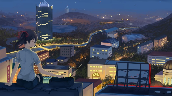 rooftops, lights, city, night, building, street light, anime girls, original characters