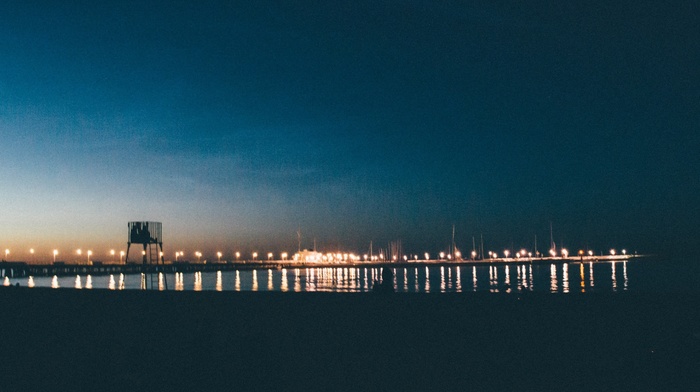 evening, blue, landscape, sea, Poland, bridge, lights
