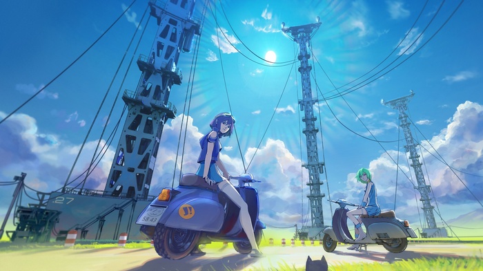 Eureka Seven, scooters, sun rays, cat, anime girls