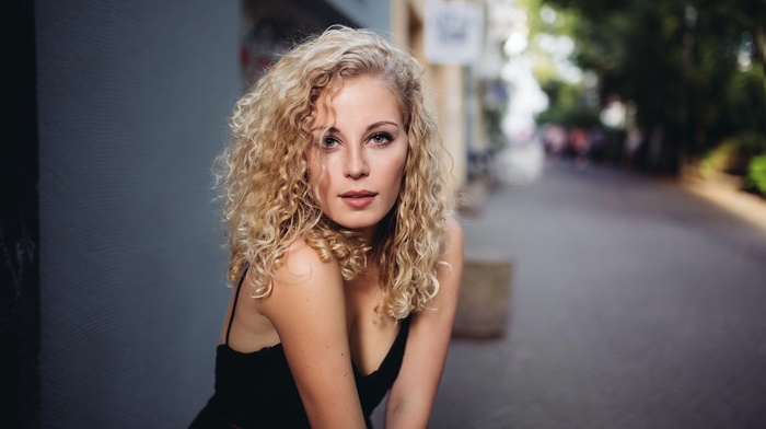 girl, portrait, blonde, face, curly hair