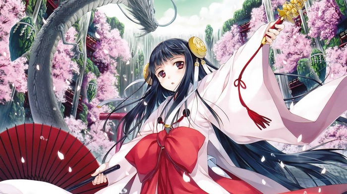 original characters, Japanese clothes, dragon, miko, anime girls, cherry blossom
