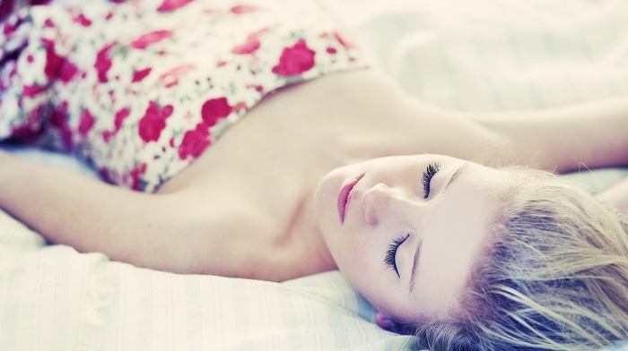 in bed, blonde, sleeping, girl, lying on back, closed eyes