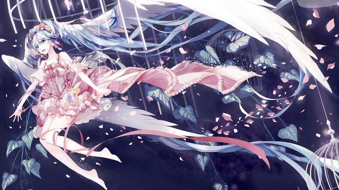 dress, twintails, flower in hair, anime girls, Hatsune Miku, cages, Vocaloid, wings, flying, anime, long hair, plants, feathers, flower petals