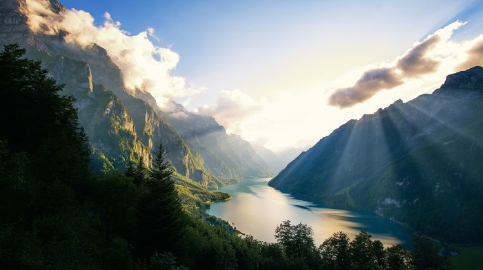 sun rays, fjord, river