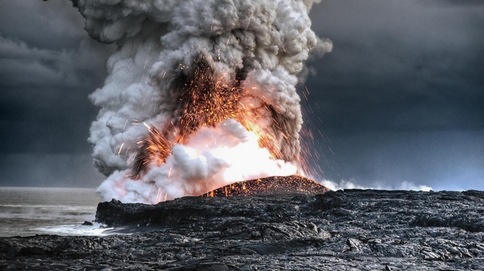 nature, eruption, lava, volcano, sea, coast, water, smoke, clouds, long exposure, landscape