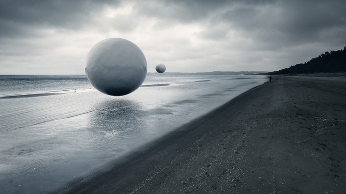 photo manipulation, ball, monochrome, people, coast, overcast, sea, alone, trees, beach, sand, landscape, artwork, sphere, nature, forest, clouds, water