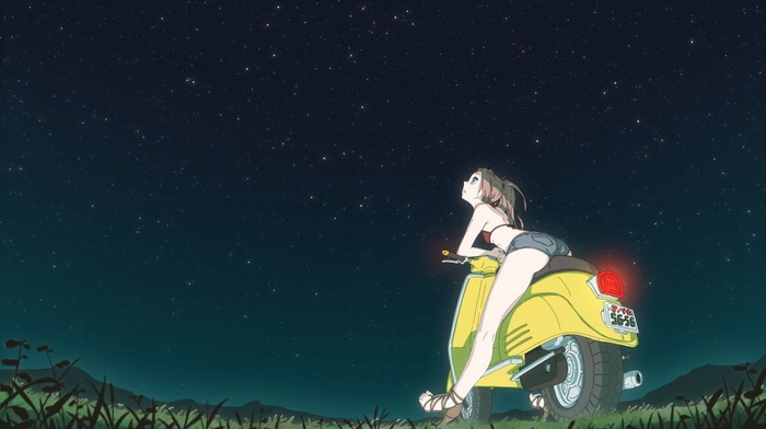 night, anime girls, scooters, flcl, stars, space, Haruhara Haruko