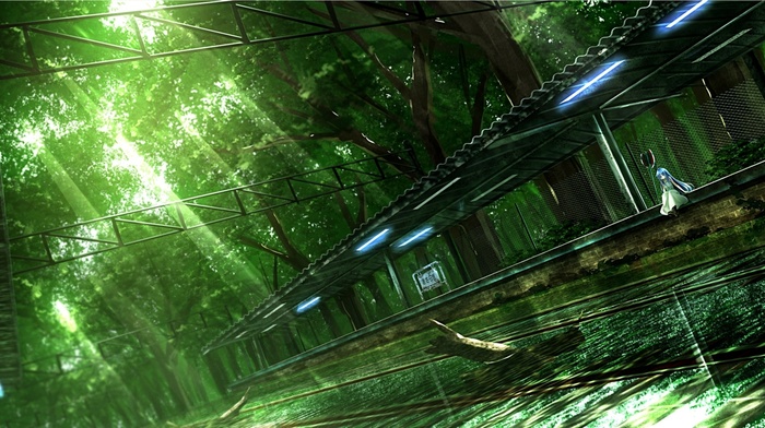 nature, artwork, train station, anime girls, trees, water