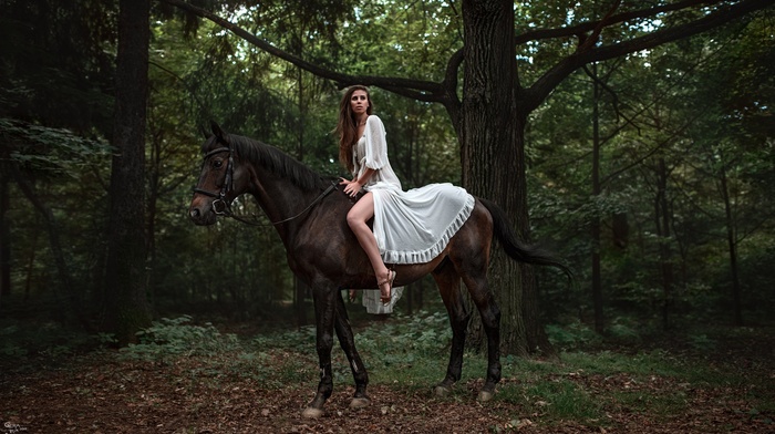 trees, Georgiy Chernyadyev, horse riding, long hair, forest, legs, animals, dress, girl outdoors, white dress, horse, girl