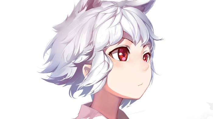 white hair, short hair, white background, touhou, animal ears, red eyes, Inubashiri Momiji