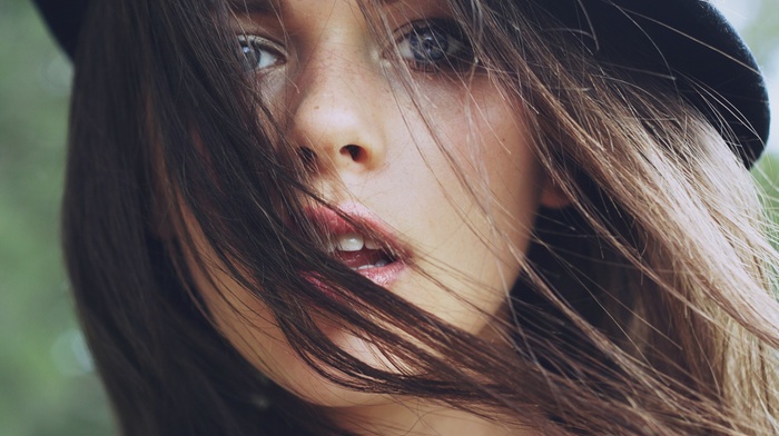 face, girl, looking at viewer, open mouth, brunette, hair in face, blue eyes