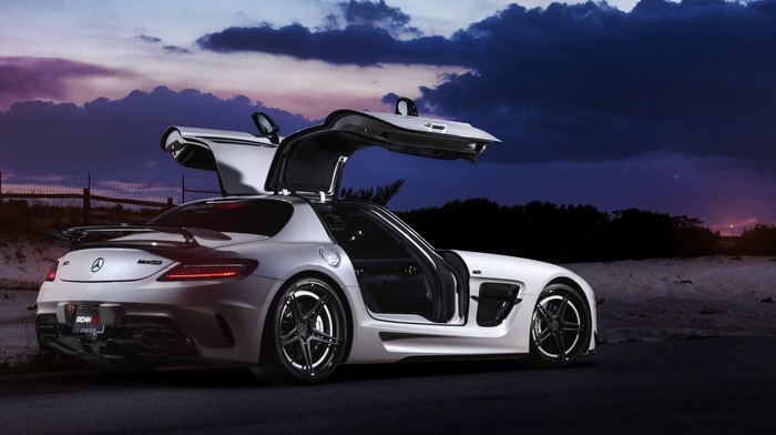 Mercedes, Benz SLS AMG, gull wing door, rear view