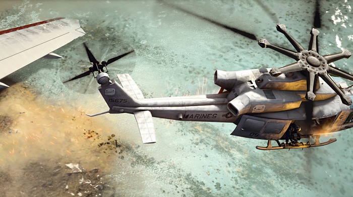 UH, 1, helicopters, aerial view, beach, Battlefield 4