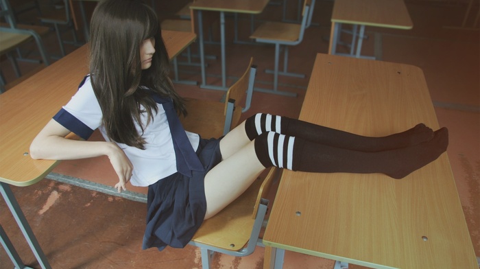 knee, highs, girl, brunette, legs, long hair, tie, schoolgirls, classroom, legs up, skirt, school uniform