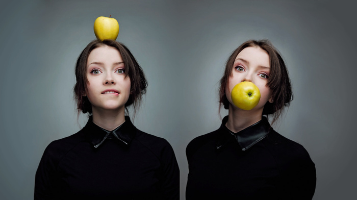 biting lip, short hair, girl, apples, looking at viewer, Maria Menshikova