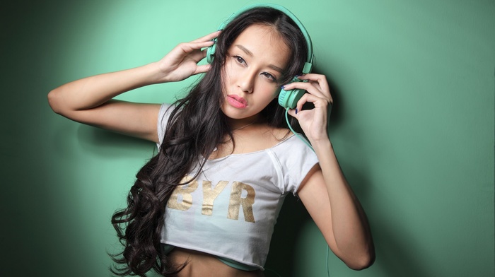 portrait, Asian, girl, headphones