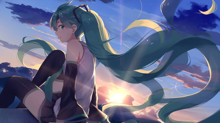 bare shoulders, detached sleeves, long hair, Hatsune Miku, thigh, highs, green eyes, sunset, hair ornament, skirt, sitting, looking back, bangs, twintails, Vocaloid, anime girls, green hair