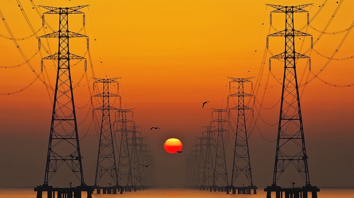 South Korea, sunrise, tower, mist, orange, landscape, power lines, yellow, red, lake, utility pole, nature, electricity, flying, birds
