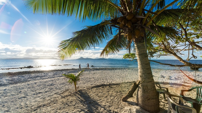 sand, beach, sea, clouds, palm trees, sun rays, summer, island, landscape, nature, tropical