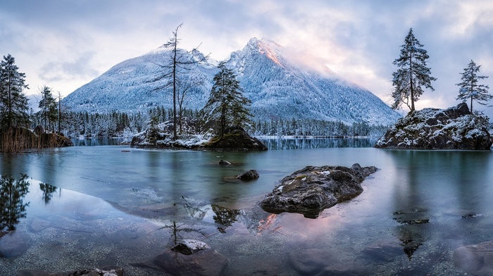 sunrise, mountain, frost, nature, island, landscape, trees, winter, water, forest, rock, lake, snow