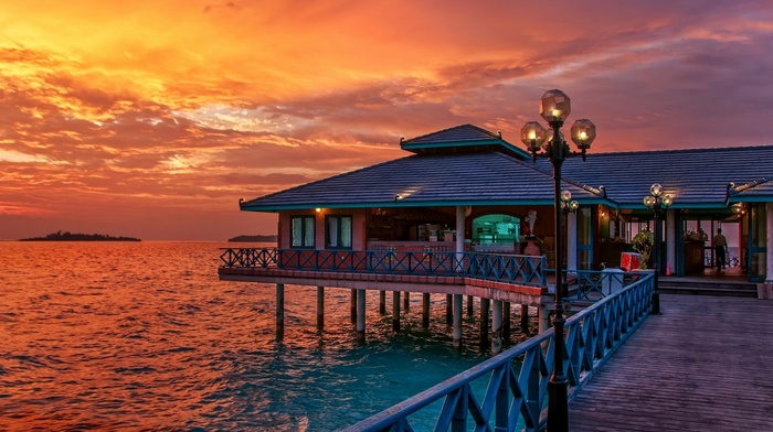 sunset, nature, landscape, tropical, restaurant, Maldives, colorful, clouds, sky, summer, water, sea, walkway, fence