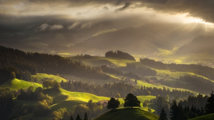nature, clouds, mountain, Switzerland, sun rays, landscape, green, spring, mist, forest, villages