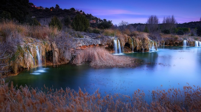 hill, nature, trees, waterfall, landscape, evening, Spain, lake, village, shrubs