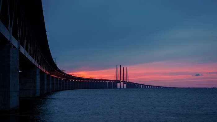 road, pillar, architecture, nature, ship, bridge, horizon, clouds, lights, sunset, water, Sweden, landscape, sea