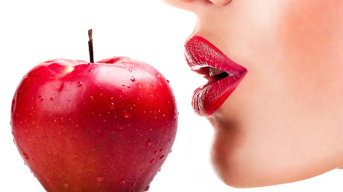 water drops, red lipstick, lips, open mouth, closeup, smooth skin, girl, face, juicy lips, fruit, portrait, apples, glowing