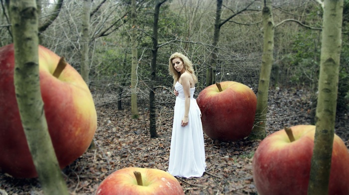 nature, girl, blonde, artwork, looking at viewer, fruit, model, forest, white dress, long hair, apples, branch, girl outdoors, trees, leaves