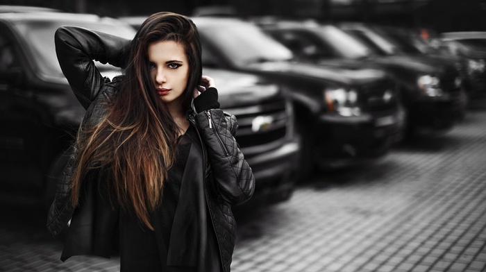 Chevrolet, girl with cars, leather jackets, car, long hair, brunette, depth of field, juicy lips, looking at viewer, black clothing, jacket, girl