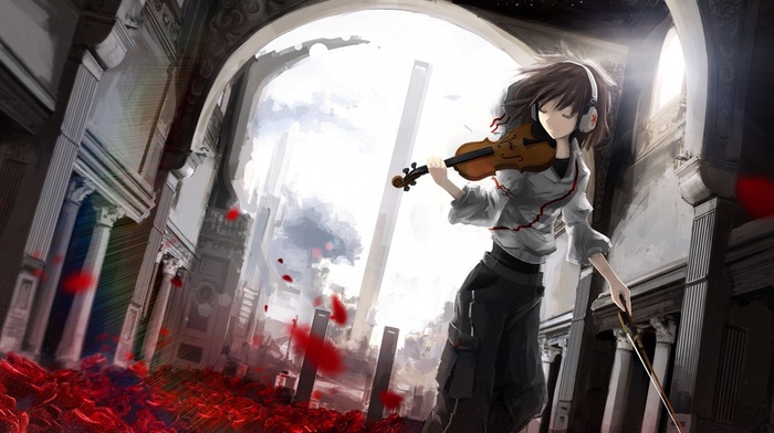 headphones, building, violin, architecture, anime girls, rose, original characters, leaves, anime