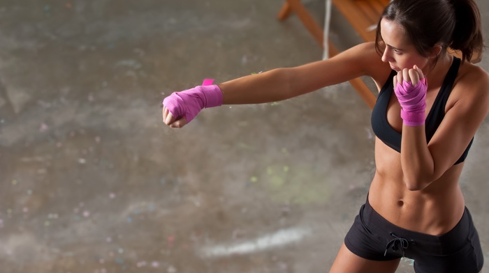 sports bra, ponytail, flat belly, boxing, tanned, gloves, cleavage