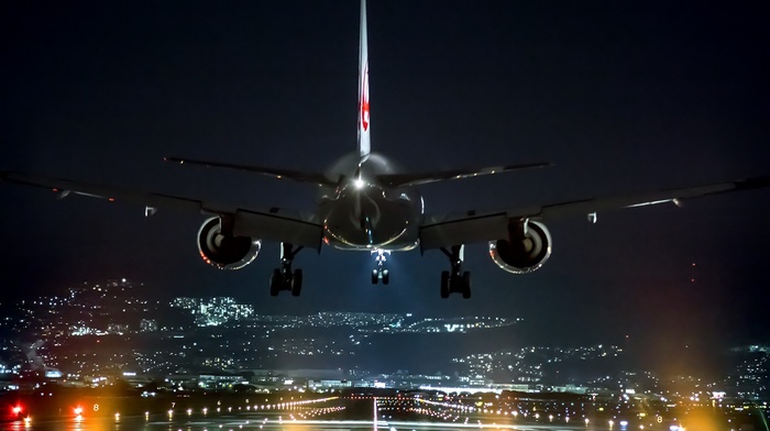 landing, lights, Osaka, night, Japan, airplane, technology, airport, cityscape, landscape