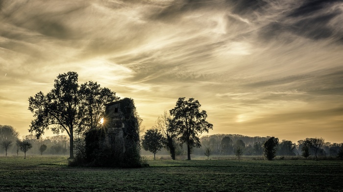 mist, grass, building, landscape, trees, house, abandoned, sky, nature, field, sunset, HDR, old building, Italy, clouds