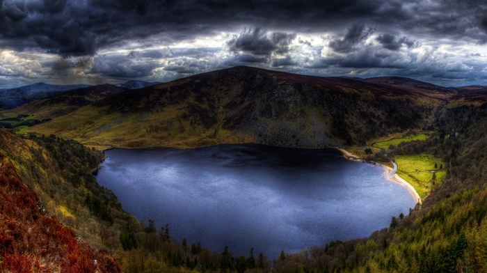 clouds, water, lake, blue, forest, Ireland, mountain, grass, nature, landscape, HDR, dark