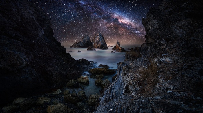 rock, tunnel, starry night, landscape, Milky Way, water, sea, nature, long exposure, sky, coast