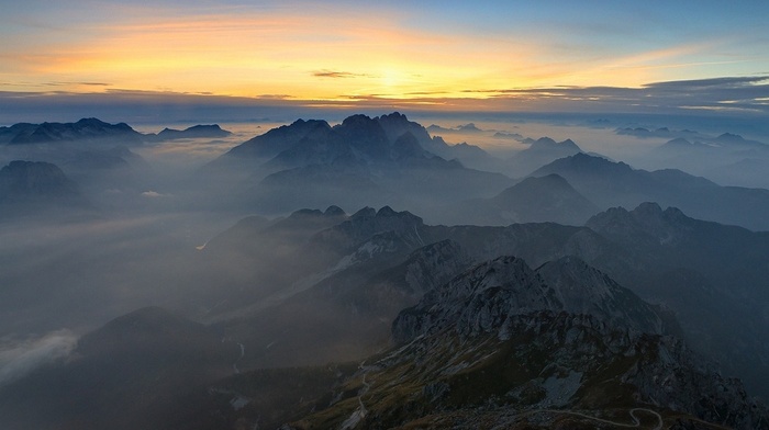 summit, infinity, clouds, landscape, sunrise, mountain, mist, nature, sky